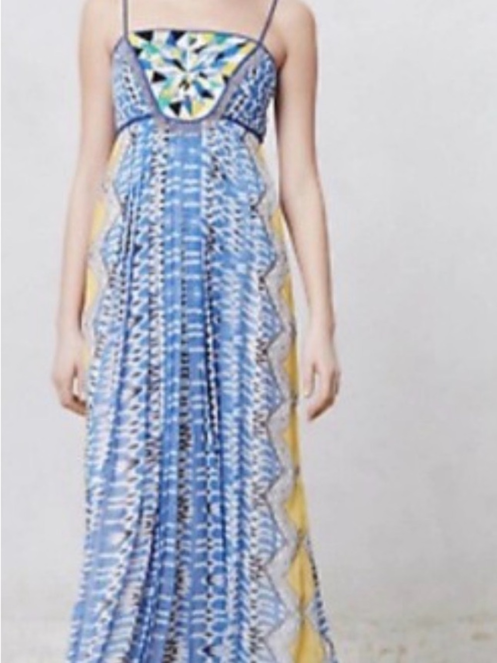 Ranna Gill for Anthropologie Blue Patterned Maxi Dress with Yellow Panels